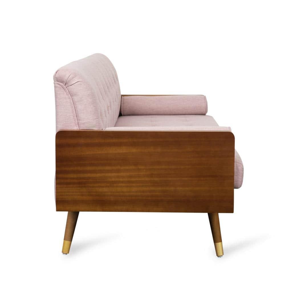 Noble House Nathanial Tufted Fabric Sofa, Light Blush and Dark Walnut