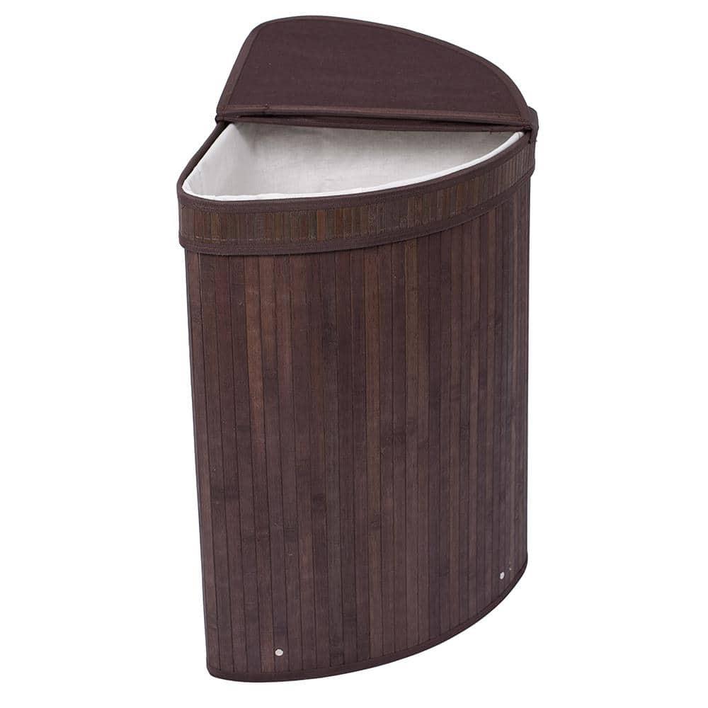 Espresso Bamboo Corner Laundry Hamper with Lid and Cloth Liner