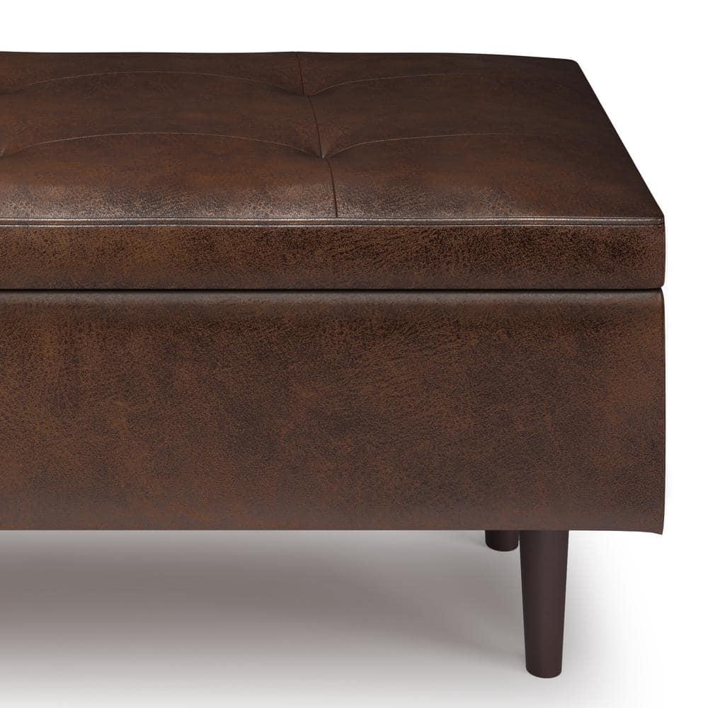 Simpli Home Shay 48 in.W Modern Storage Ottoman in Distressed Chestnut Brown Faux Leather
