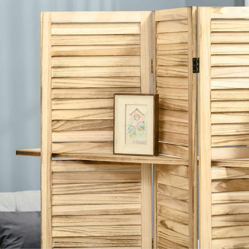 HOMCOM 4-Panel Folding Room Divider, 5.6 Ft Freestanding Paulownia Wood Privacy Screen Panel with Storage Shelves for Bedroom or Office, Natural