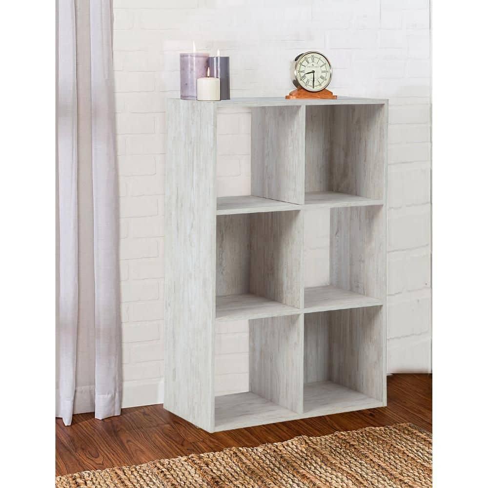 Benjara 6 Cube Wooden Organizer with Grain Details, Washed White