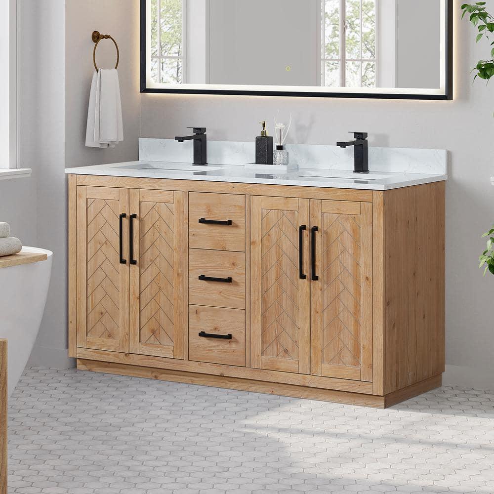 Anais 60" Wood Vanity in Light Brown with White Composite Stone Top no Mirror