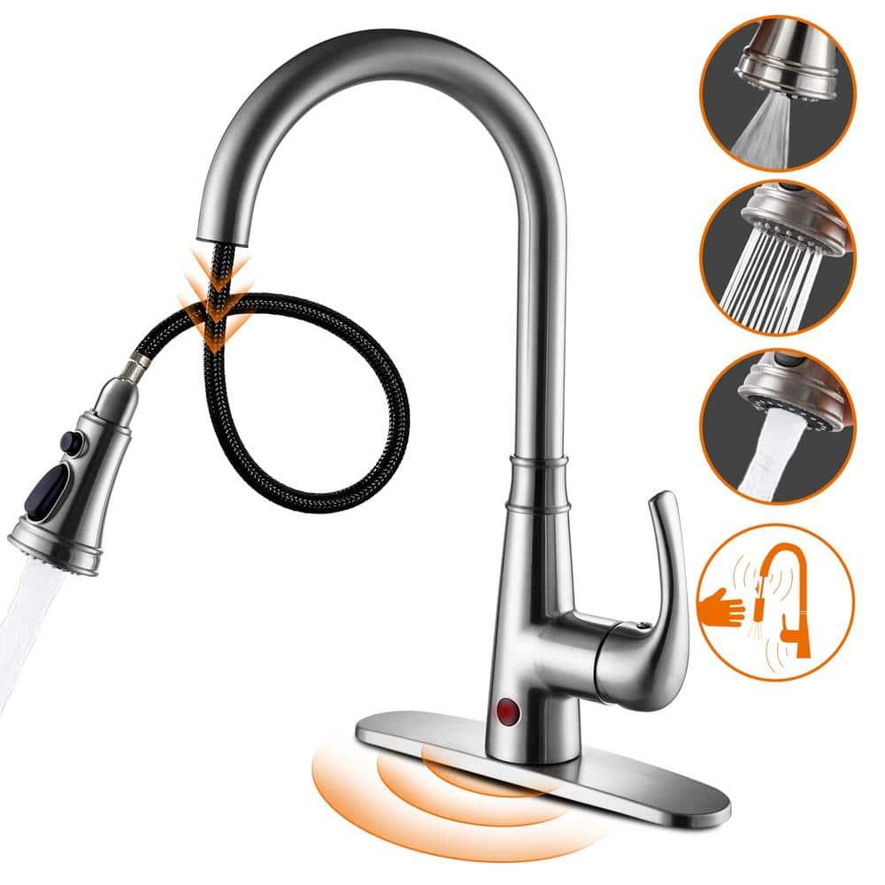 Touchless Gooseneck Single Handle Pull Down Sprayer Kitchen Faucet with Deckplate Pull Out Sink Faucet in Brushed Nickel