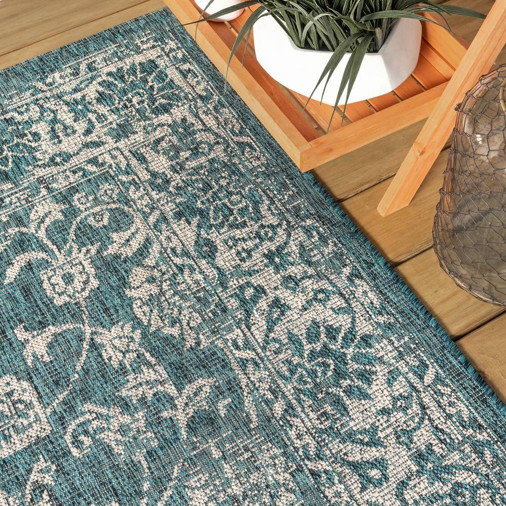 4'x6' Tela Bohemian Textured Weave Floral Indoor/Outdoor Area Rug, Teal/Gray - JONATHAN Y