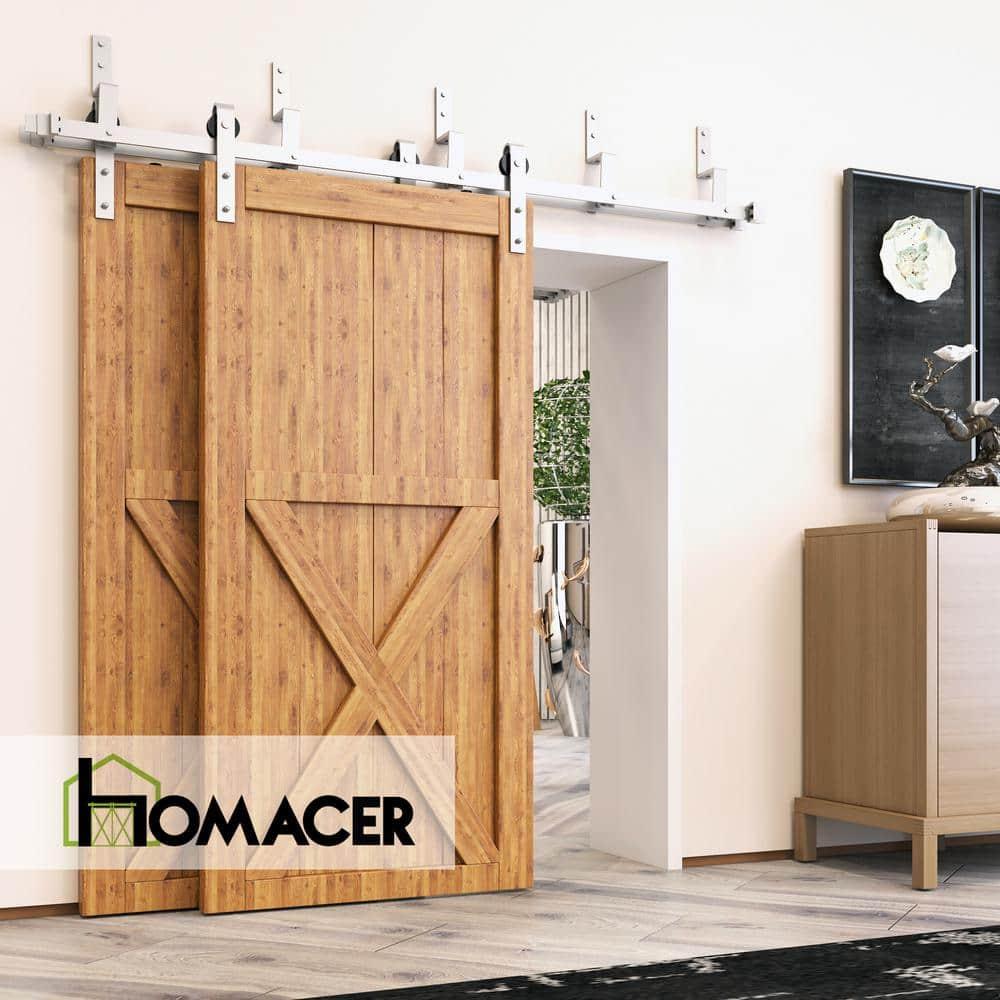 Homacer Brushed Nickel Double Track Z-Shape Bypass Sliding Barn Door Hardware Kit, for Two/Double Doors, 4ft Long Flat Track, Classic Design Roller, Heavy Duty, for Interior Use