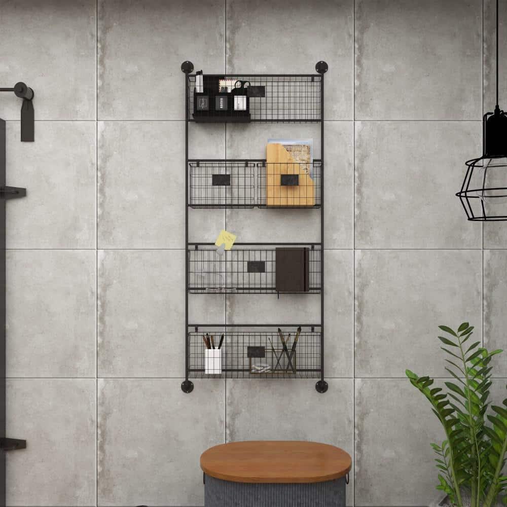 DecMode 4-Tier Industrial Wall Organizer Basket and Magazine Rack Holder, 27"W x 5"L x 61"H, Black Metal with Rustic Distressed Finish