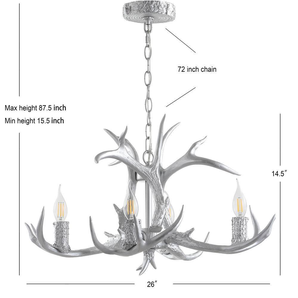 JONATHAN Y JYL6301C Eldora 26" Adjustable Resin Antler 4-Light LED Chandelier, Farmhouse, Glam, Transitional, Rustic, Cottage for living room, dinning room, bedroom, office Bulb Included, Silver
