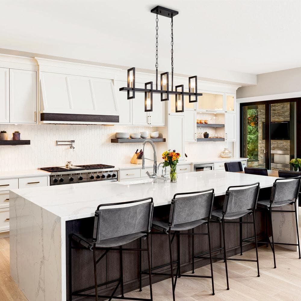 Uolfin Modern Rectangle Dining Table Chandelier Transitional 5-Light Black and Brass Kitchen Island Candlestick Chandelier