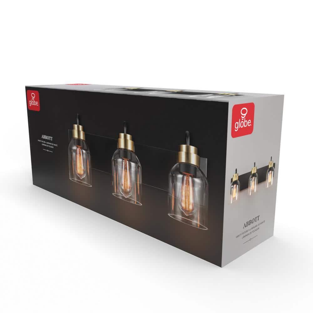 22 in. 3-Light Matte Black Vanity Light with Matte Brass Accents and Glass Shades