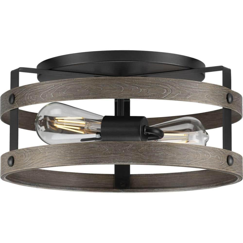 Progress Lighting Gulliver 2-Light Flush Mount Ceiling Light, Graphite, Open-Cage Design, Faux-Wood Finish