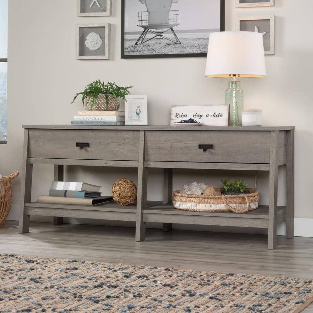 Sauder Trestle TV Stand with Drawers in Mystic Oak for TVs up to 60", Mystic Oak Finish