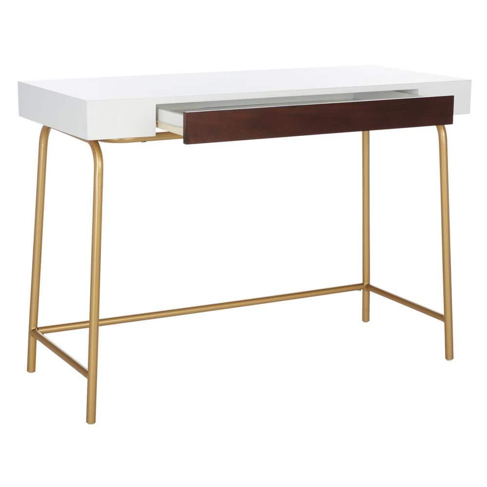 SAFAVIEH Nola Wood 1-Drawer Writing Desk, White/Brown/Gold