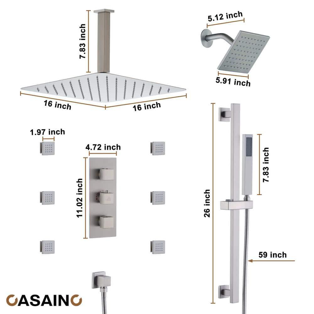Rainfall Symphony 16inch Dual Shower Head Rainfall Thermostatic Shower System with 16-inch Slide Bar and Body spray