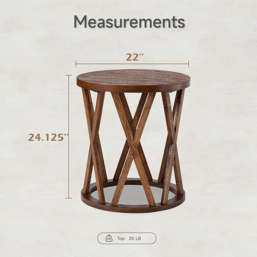 Rustic Brown Round Wood End Table with X-Motif Legs