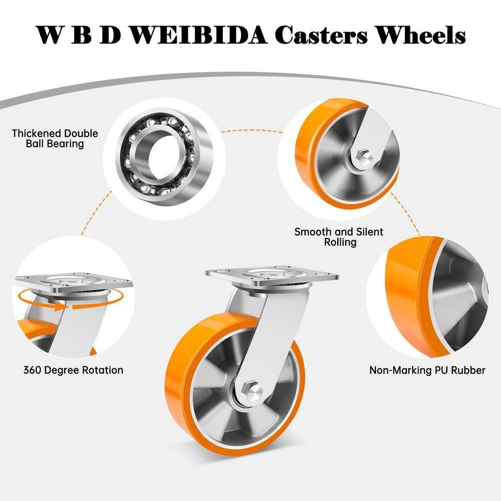 W B D WEIBIDA 6 Inch Industrial Fixed Casters (2 Pack), Maintenance-Free Polyurethane on Aluminum Wheels, Heavy Duty Casters Wheels 2500 Lbs, Industrial Rigid Casters for Hand Truck, Cabinet