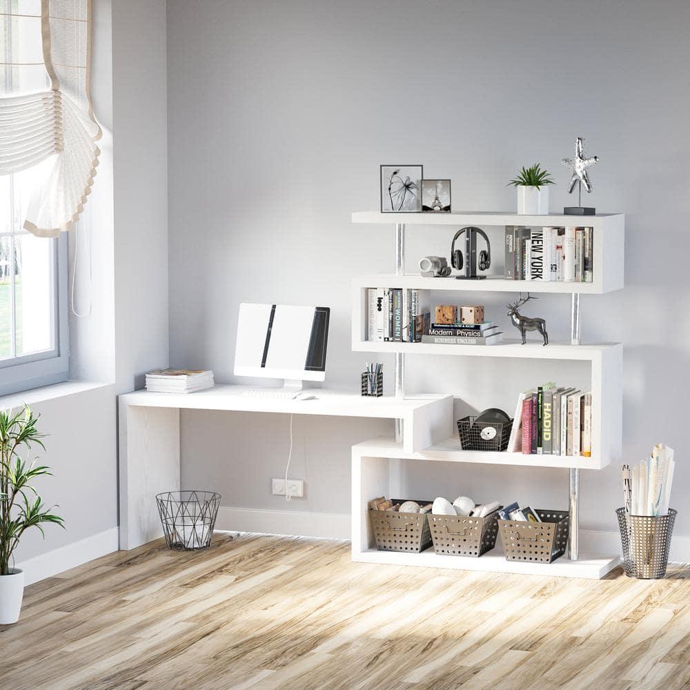 HomCom Modern L-Shaped 360° Rotating Computer Desk Corner Home Office Study Workstation with 5-Tier Storage Shelves, Bookshelf, White