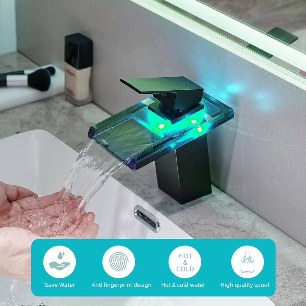 LED Bathroom Sink Faucet, Matte Black Waterfall Single Handle Vanity Faucets for Sinks 1 Hole with Metal Pop Up Drain and 2 Water Supply Lines, Open Glass Spout