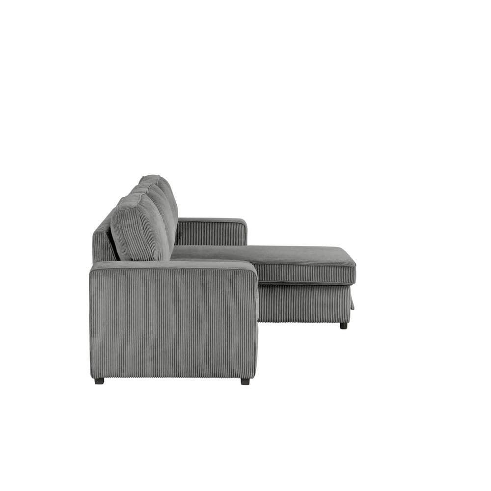 HOMES: Inside + Out Paeke Sleeper Sectional Sofa Corduroy with Storage Chaise and Reversible Dark Gray