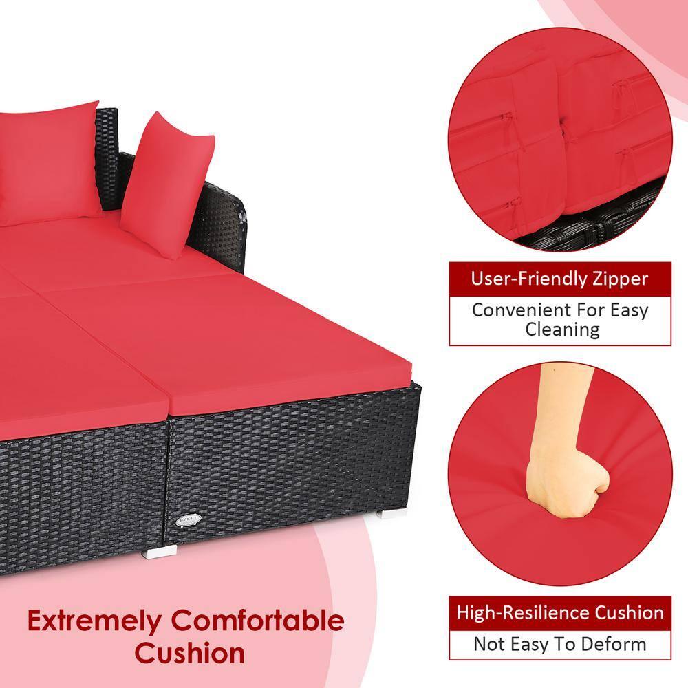 Costway Outdoor Patio Rattan Daybed Thick Pillows Cushioned Sofa Furniture Red
