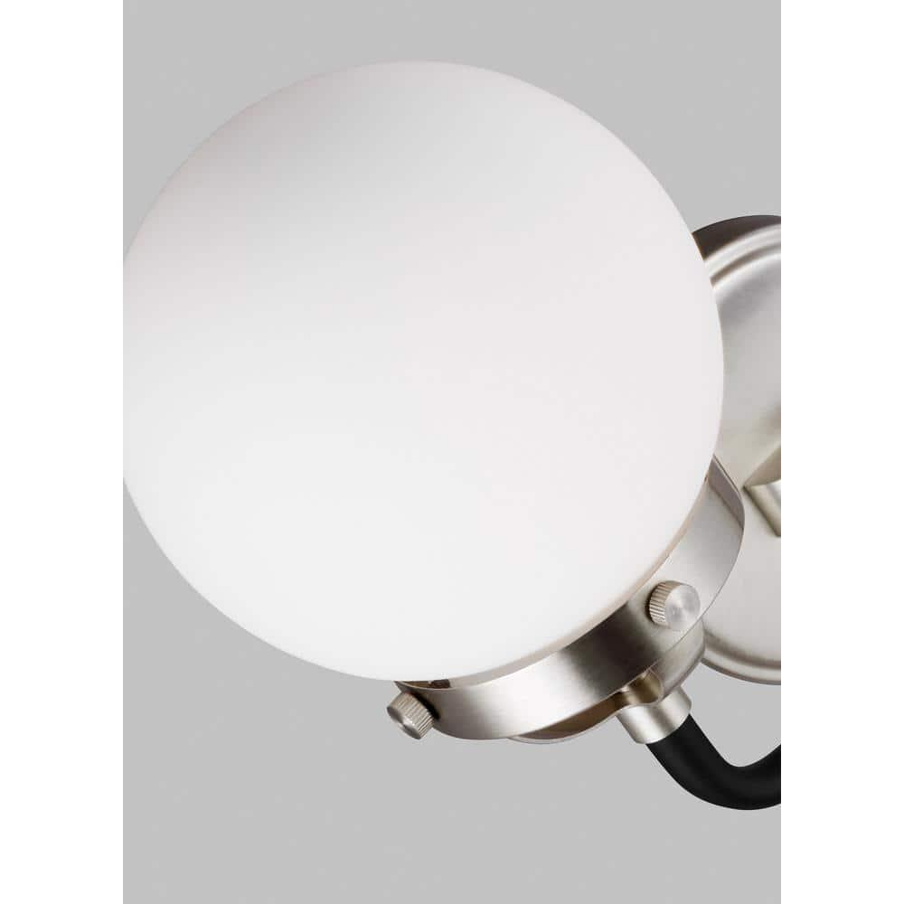 Cafe 14 in. W 2-Light Brushed Nickel Vanity Light with Etched/White Glass Shades and Matte Black Frame Accents