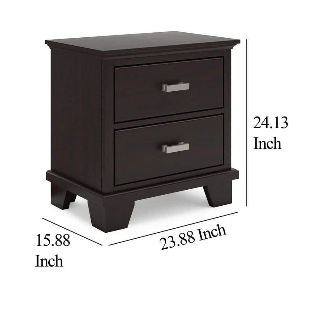 Benjara Teno Nightstand, 2 Drawers, Nickel Handles, Dark Brown Solid Hardwood