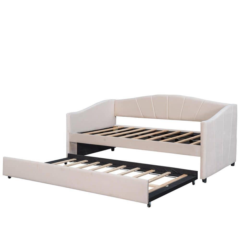Upholstered Daybed with Trundle, Modern Twin Size Tufted Velvet Upholstered Daybed Frame with Wood Slat Support, Dual-use Platform Bed Sofa Bed with Wingback and Armrests for Living Room Bedroom Beige