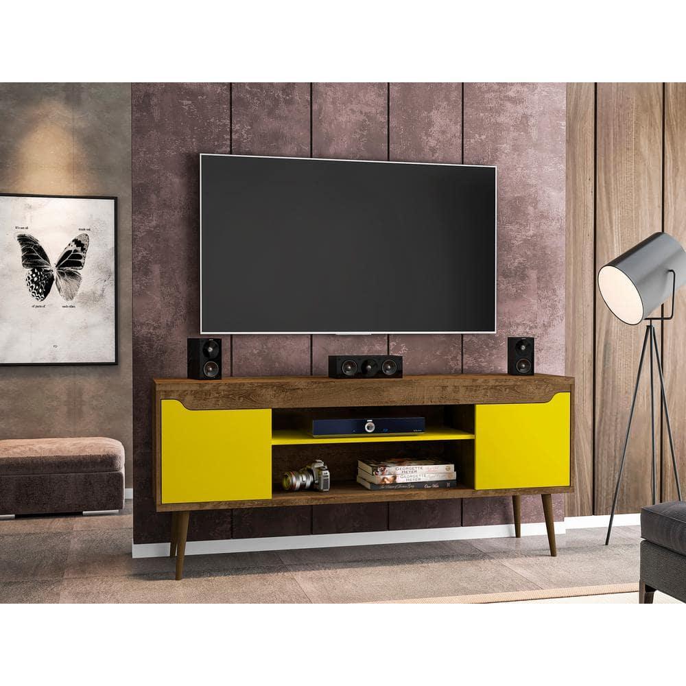 Manhattan Comfort Bradley TV Stand for TVs up to 60" Rustic Brown/Yellow: Mid-Century Modern Media Console with Open Shelves