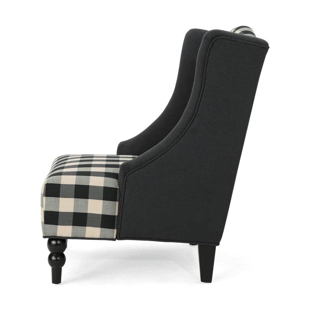 Noble House Charles Fabric High-Back Wingback Chair, Black Checkerboard