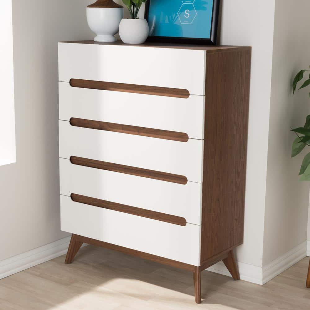 Calypso Mid-Century Modern Wood 5 Drawer Storage Chest Brown - Baxton Studio: Vertical Dresser for Bedroom, MDF Composite
