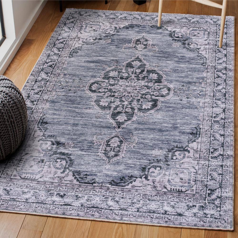 Wincer Chenille Cottage Medallion Machine-Washable Navy/Gray/Black 3 ft. x 5 ft. Area Rug - JONATHAN Y