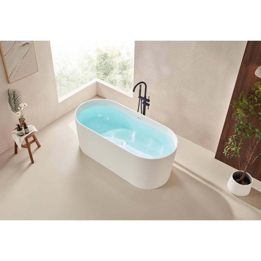 59" x 29.5" Freestanding Soaking Stone Resin Bathtub with Pure White Overflow and Pop Up Drain