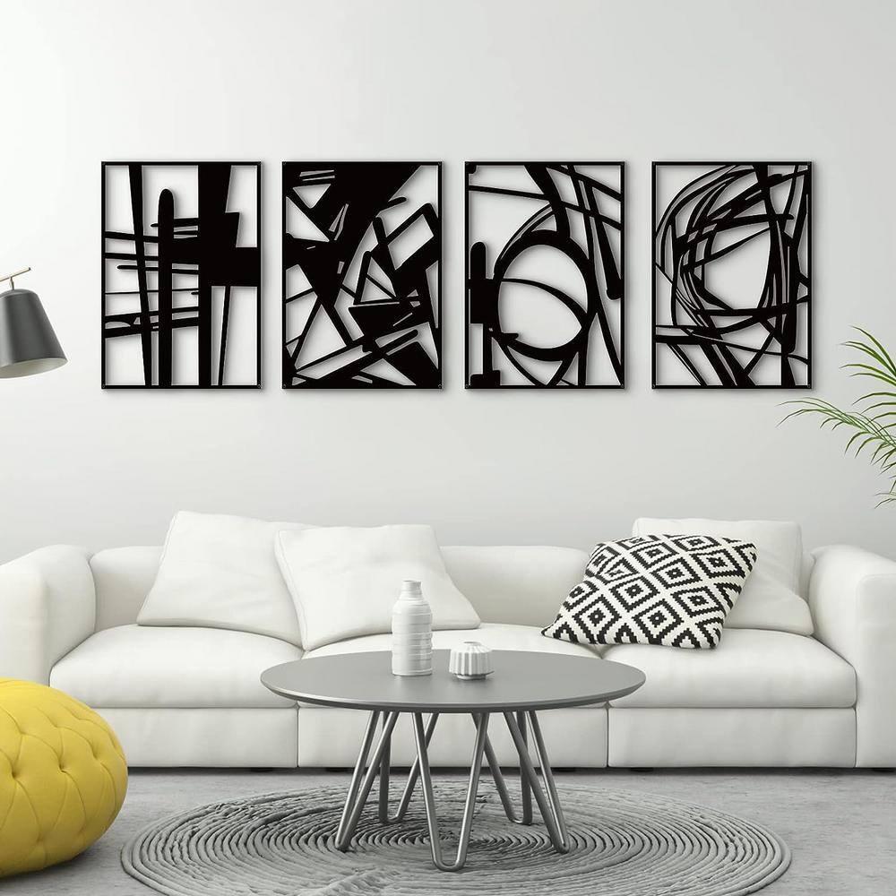 4 Pack Black Abstract Metal Wall Art, Minimalist Décor Single Line Art Décor, 3D Textured Sculptures, for Living Room Bedroom Bathroom Study (Black, M Size 16 x 11'')