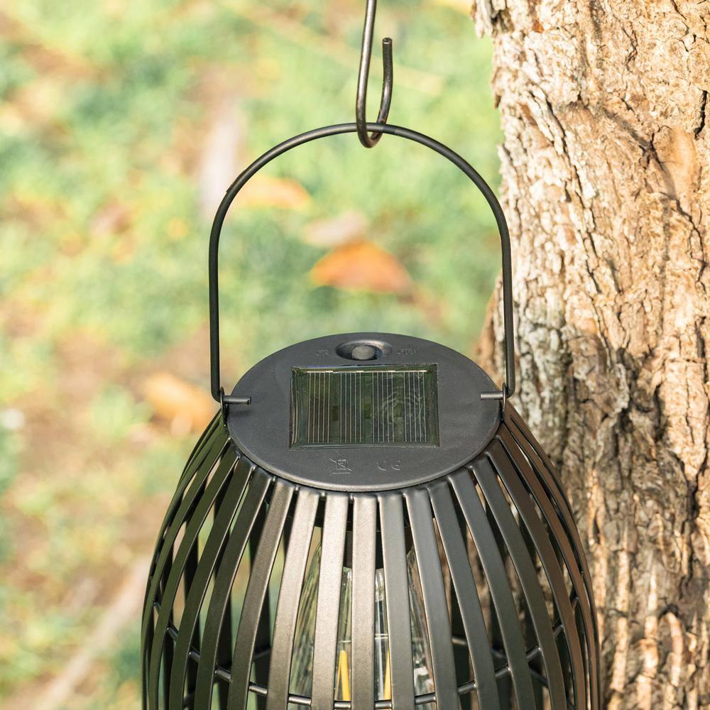 9.75" Black Metal Solar Powered Outdoor Hanging Lantern Set
