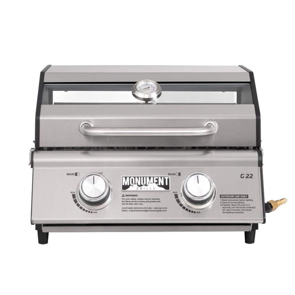 Monument Grills 13742,2-Burner Portable Stainless Steel Tabletop Propane Gas Grill with High Lid and Travel Locks, 15,000 BTU – Perfect for Family BBQs