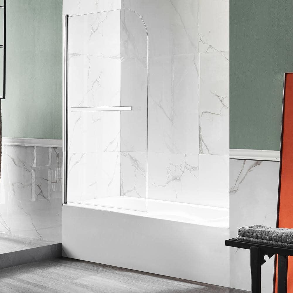 Myth 28 in. W x 56 in. H Hinged Frameless Tub Door with Tsunami Guard Technology