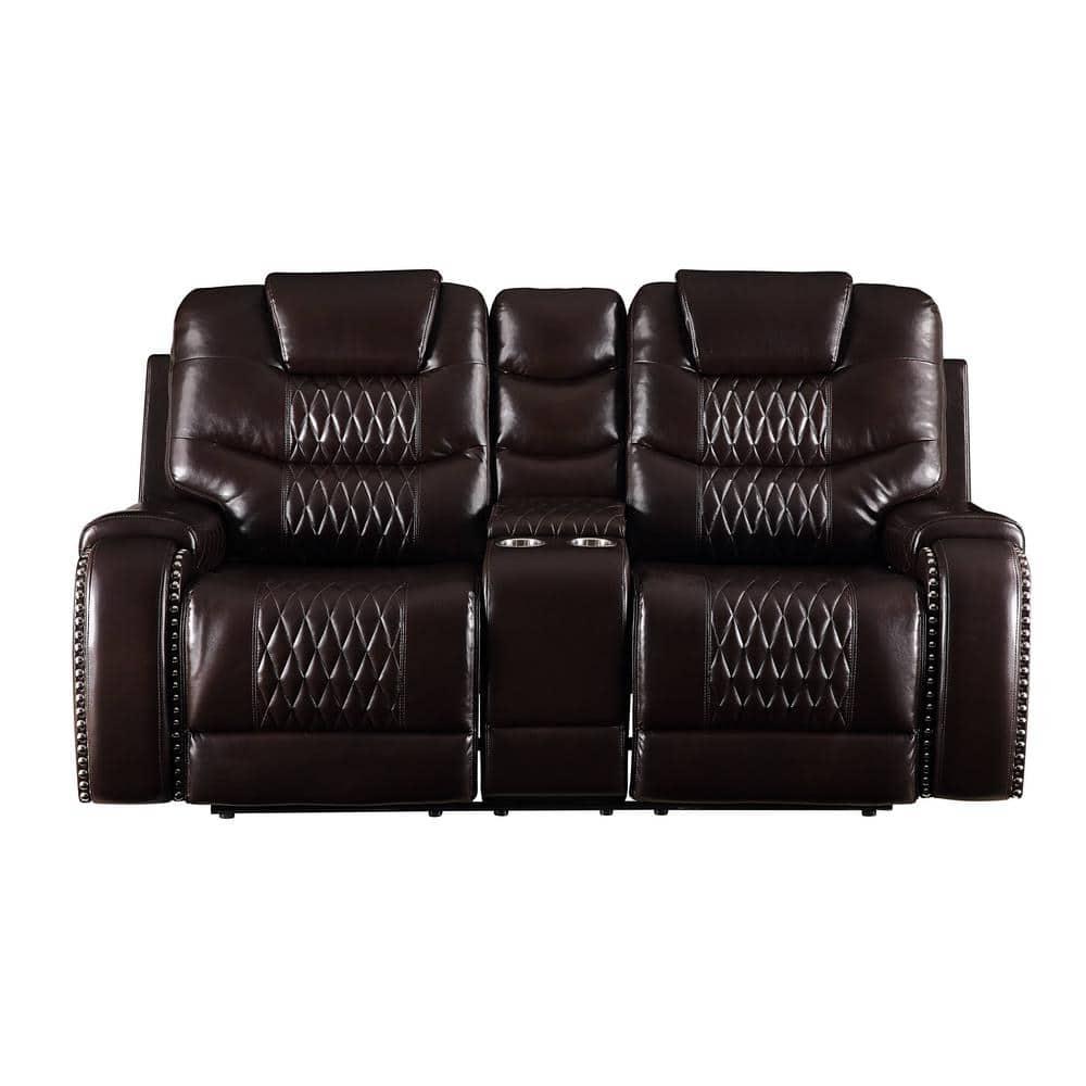 78" Braylon Active Sitting Chair Brown PU - Acme Furniture: Loveseat with Console & Cup Holders