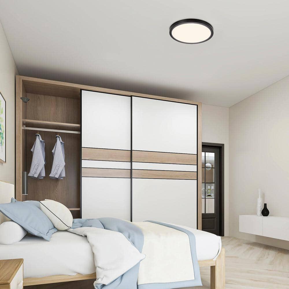 Maxxima 14 in. LED Flush Mount Ceiling Light, 5 CCT 2700K-5000K, 2400 Lumens, Traditional Indoor Black Trim Round Panel Light, Dimmable