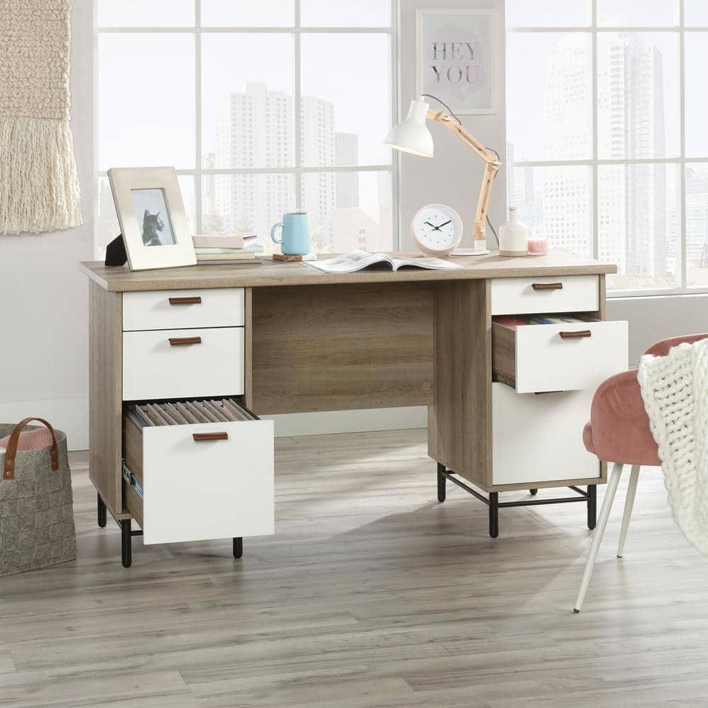 Sauder Anda Norr Engineered Wood Executive Desk in Sky Oak and White