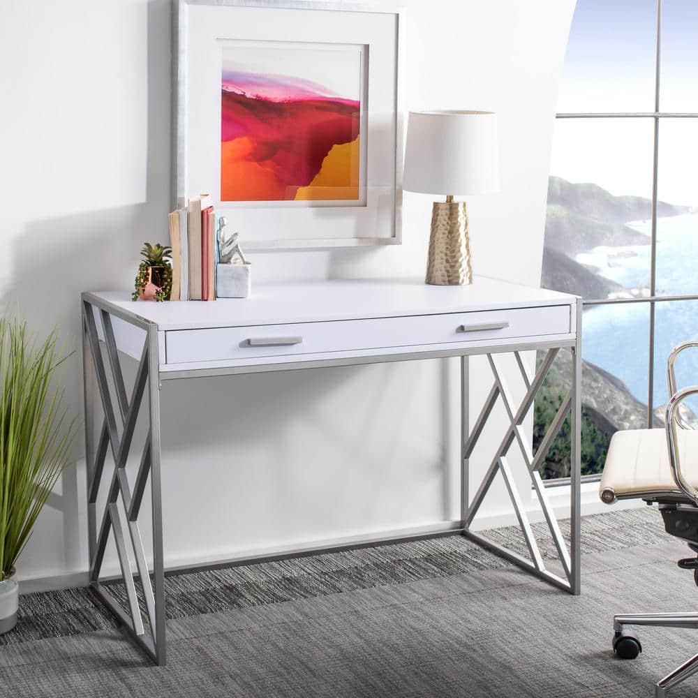 Elaine 1 Drawer Desk - White/Silver - Safavieh