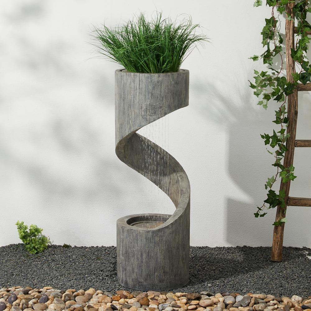 Rustic Curved 40" Outdoor Fountain with LED Light in Stone