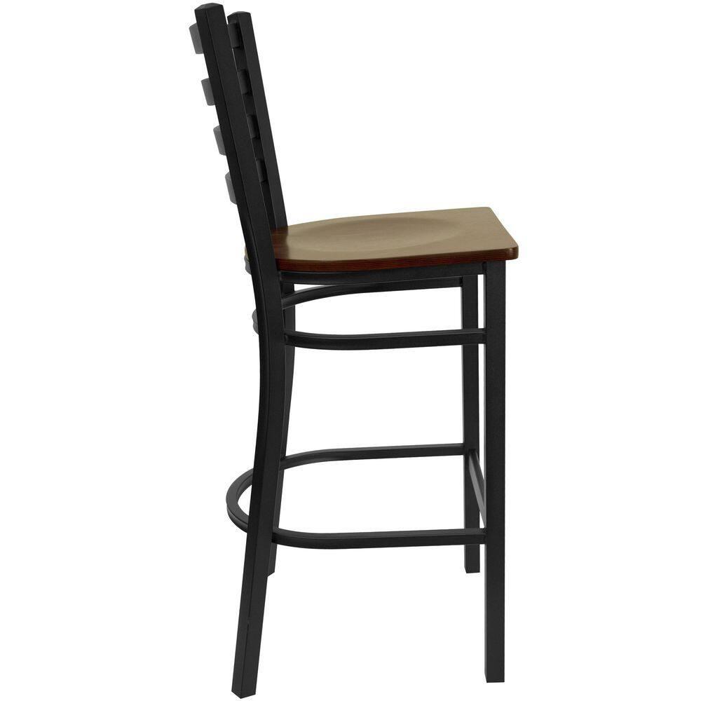 Flash Furniture HERCULES Series Black Ladder Back Metal Restaurant Barstool - Mahogany Wood Seat