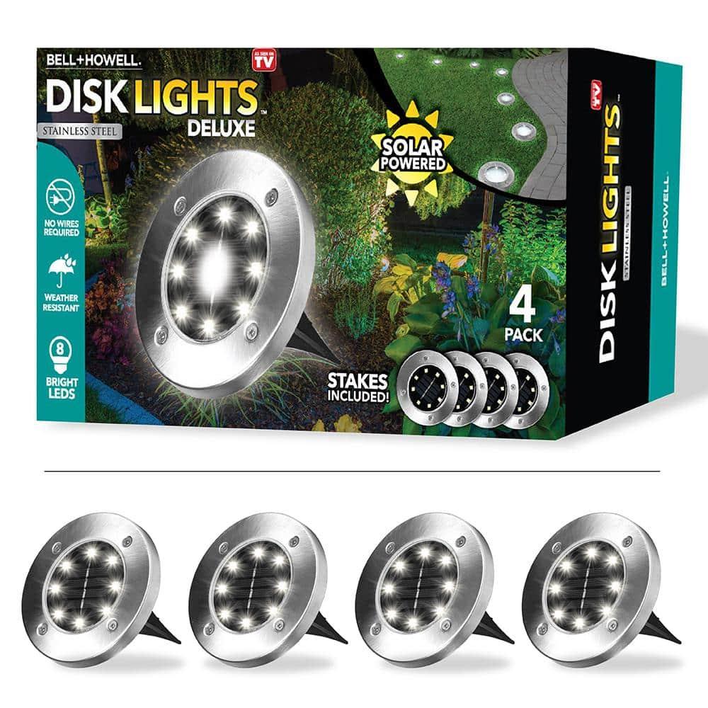 Bell + Howell 8 LED Solar Powered Disk Lights, 4 Pack, Outdoor Pathway Lights, Waterproof, Auto On/Off, Rust Resistant