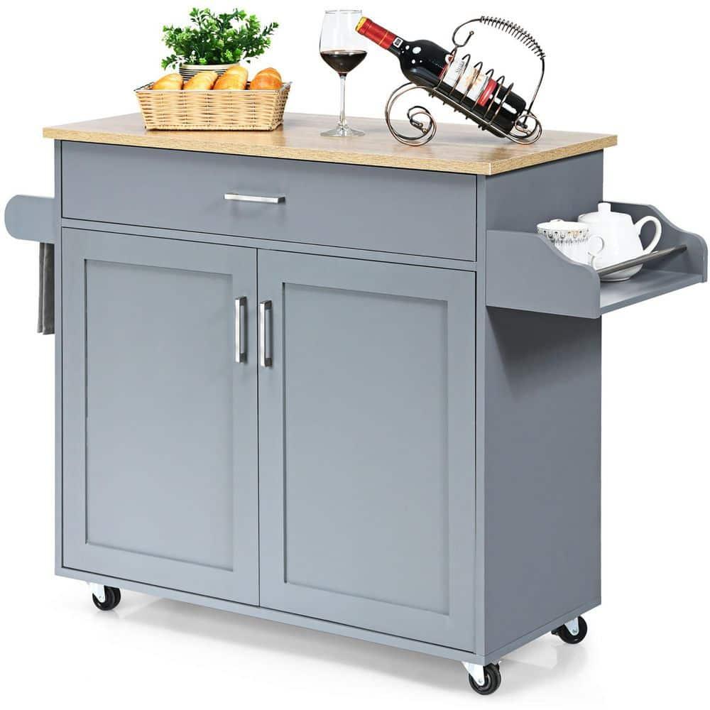 Costway Kitchen Island 44" Rolling Kitchen Cart with Drawer Adjustable Shelf Spice Rack Gray