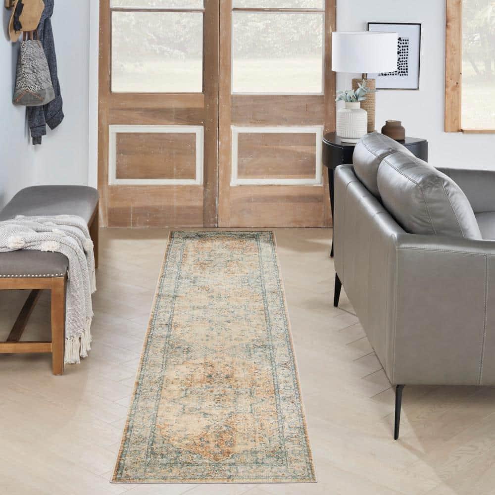 Nourison Astra Machine Washable Vintage Medallion Indoor Rug Beige Blue 2'2" x 10'