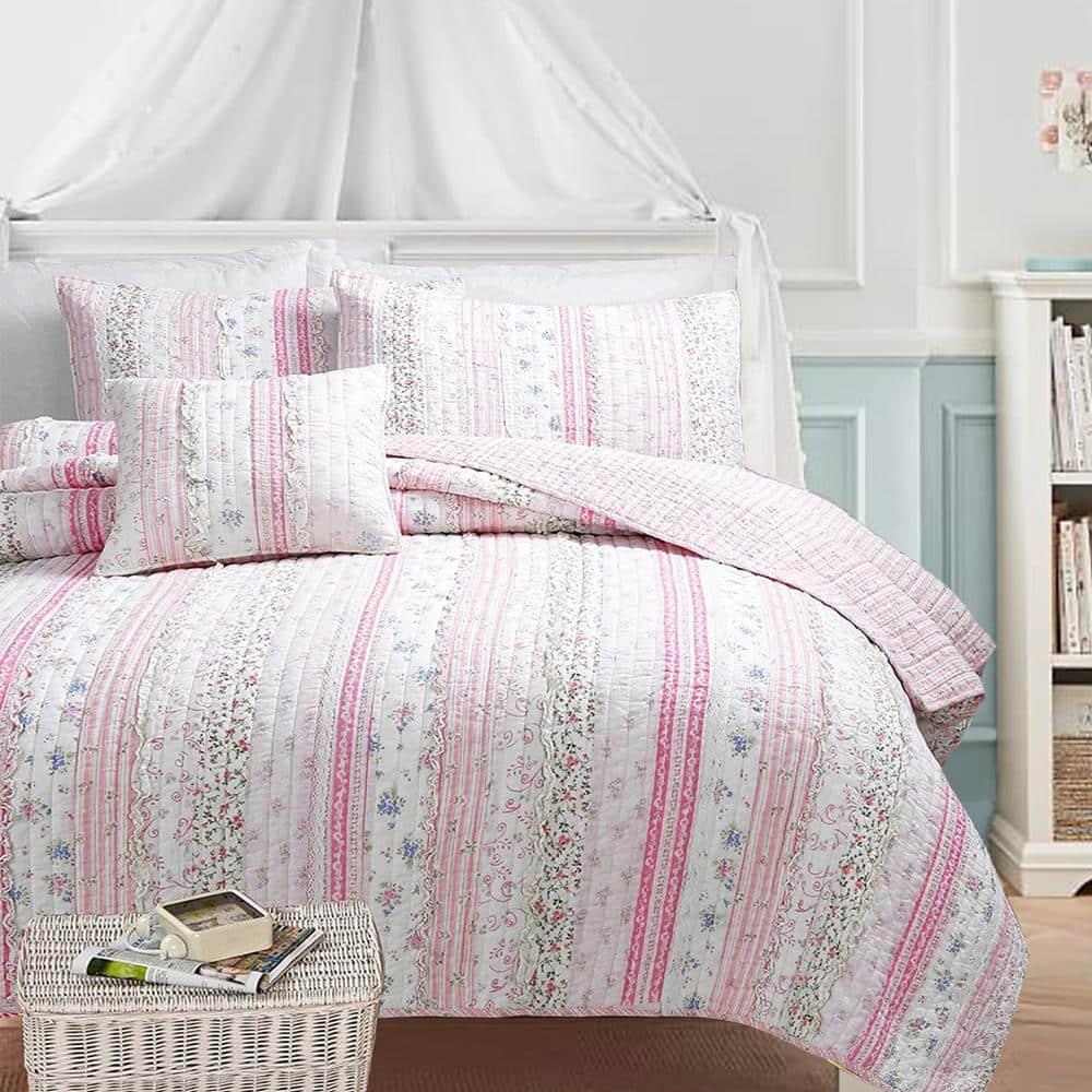 Pink Rose Peonies Ruffle 4-Piece Pink Floral Stripe Cotton Bedding Set with Decor Pillow King Quilt Set