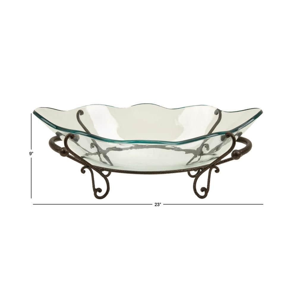 DecMode 23" x 9" Clear Tempered Glass Kitchen Serving Bowl with Brown Metal Scroll Base, 1-Piece