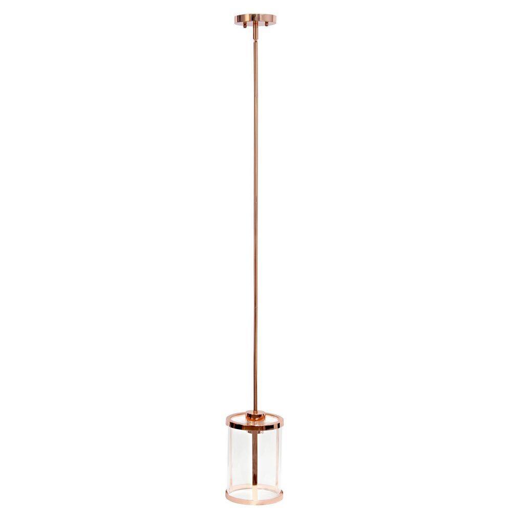 1-Light 9.25" Modern Farmhouse Adjustable Hanging Cylindrical Clear Glass Pendant Fixture with Metal Accent Rose Gold - Lalia Home