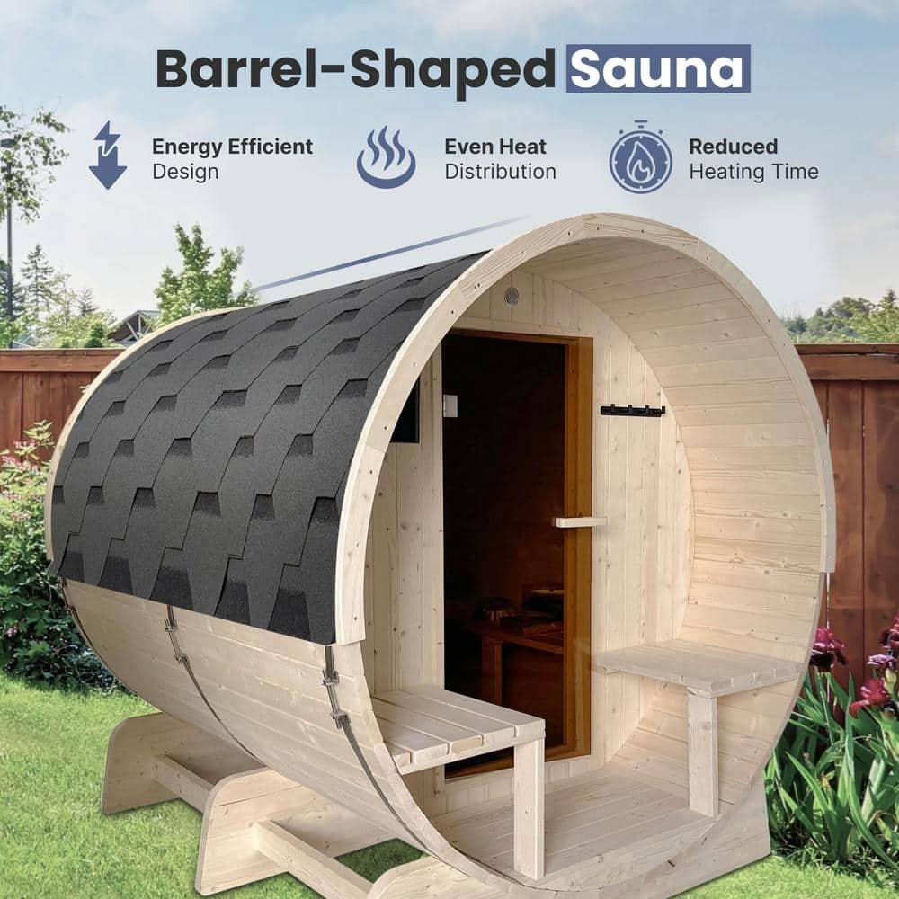 ALEKO Outdoor or Indoor White Finland Pine Wet Dry Barrel Sauna - Front Porch Canopy - 8 kW UL Certified KIP Harvia Heater -6-8 Person