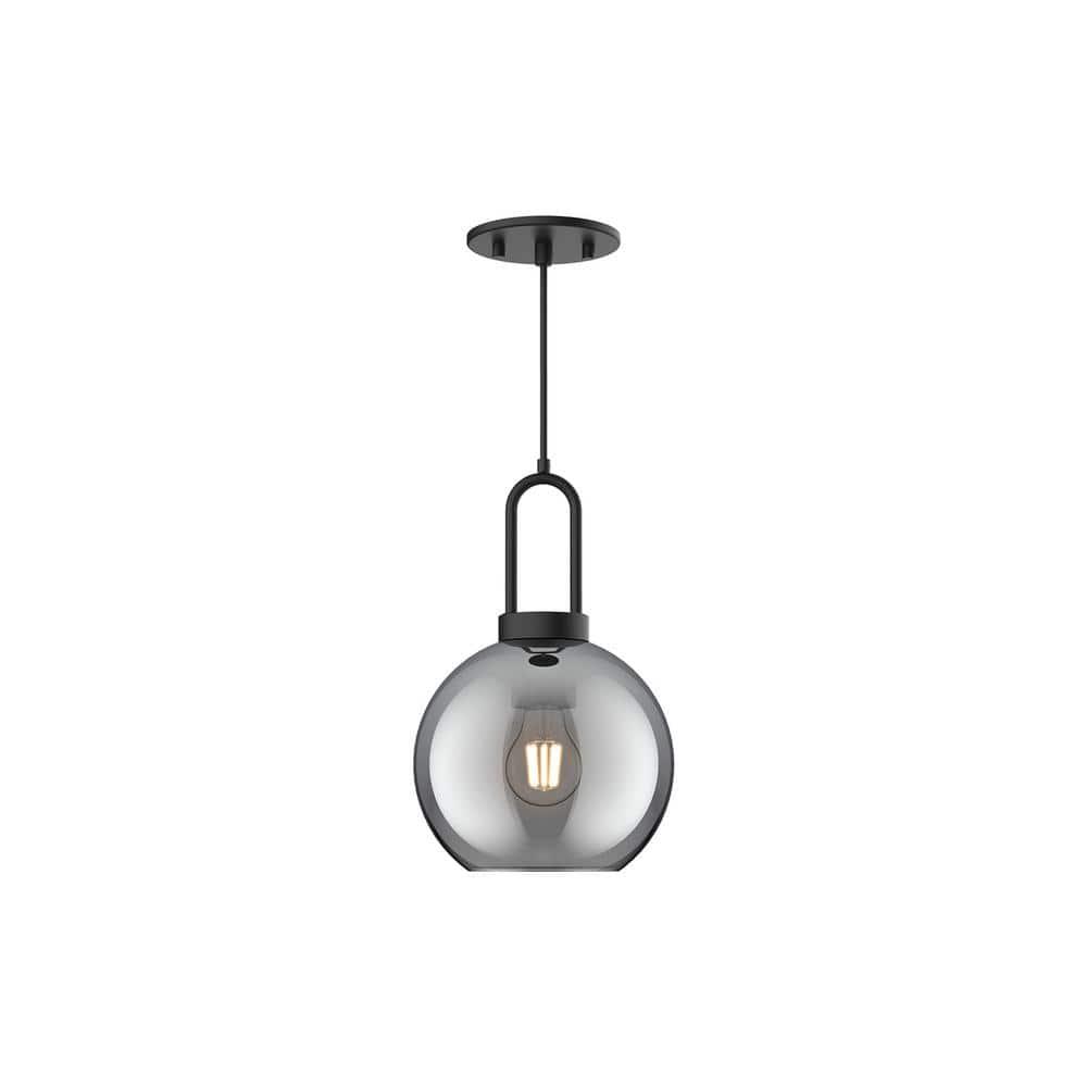 Soji 8 in. 1 Light 60-Watt Matte Black/Smoked Solid Glass Pendant Light