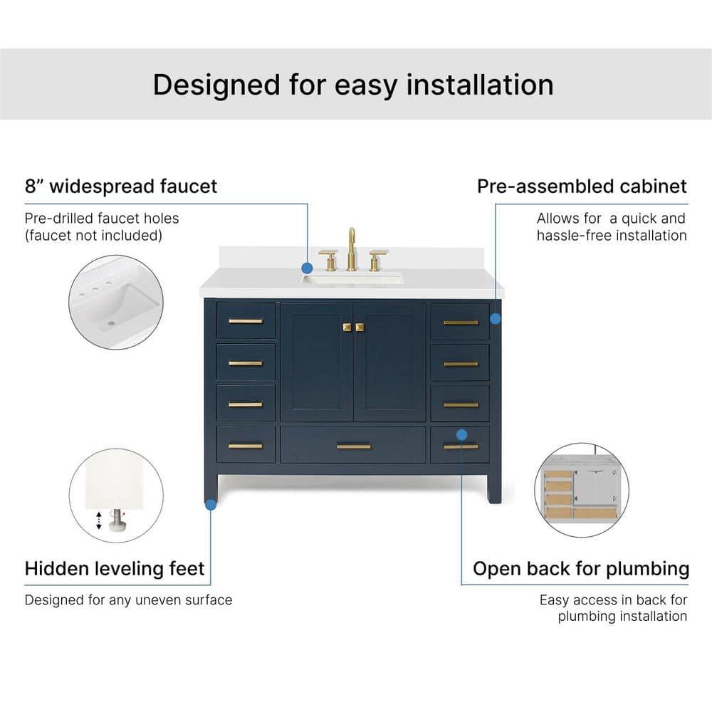 ARIEL 49" Bathroom Vanity with 1.5" Edge Pure White Quartz Countertop & Backsplash, Center Rectangular Sink, 2 Soft Closing Doors, 9 Full Extension Dovetail Drawers, Brushed Nickel - Midnight Blue